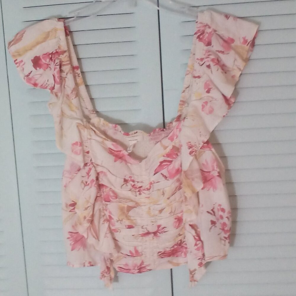 H&M LRG LINEN BLEND RUCHED RUFFLES FLUTTER SLEEVES FLORAL CROP TOP FAIRY WHIMSY